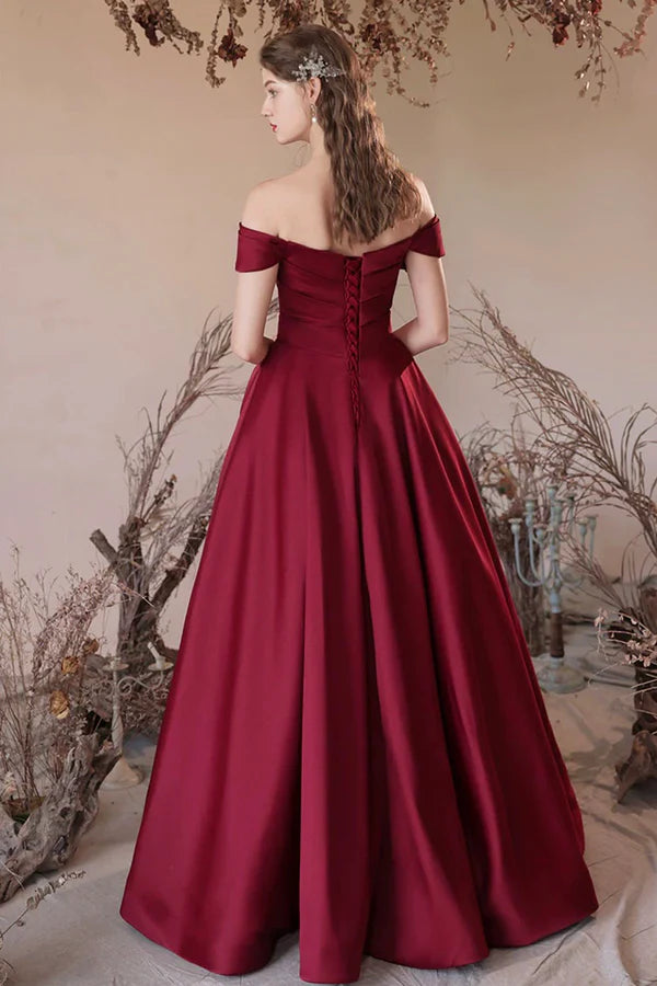 Wholesale Burgundy Satin Long A-Line Prom Dress Off the Shoulder Evening Party Dress